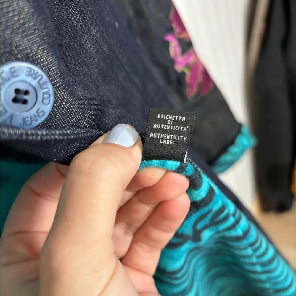 Versace Jeans Couture Y2K vintage Dark Denim trench Jacket with Teal zebraLining